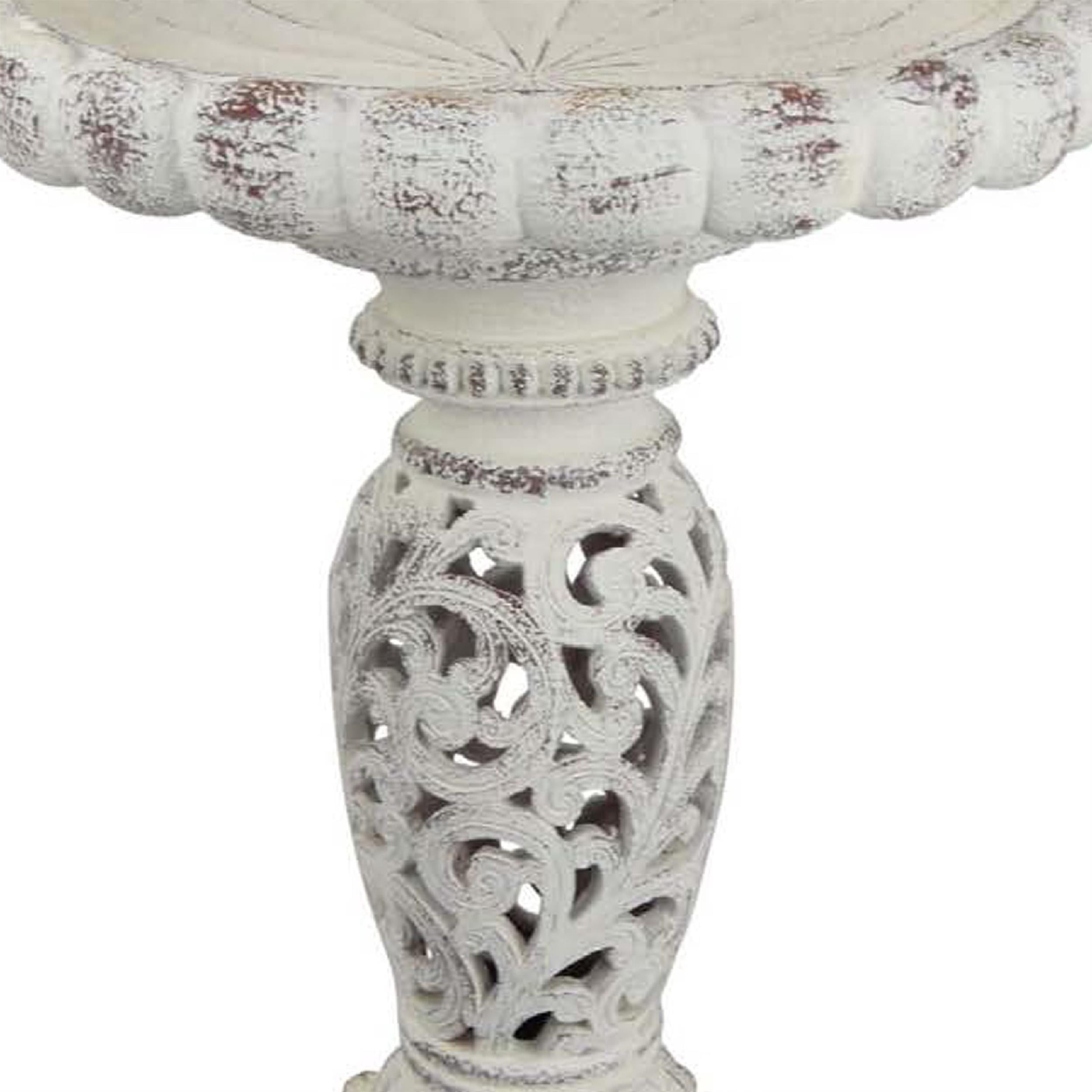 Benjara Niam Bird Bath Sculpture- 26" Weathered White Scrolled Resin