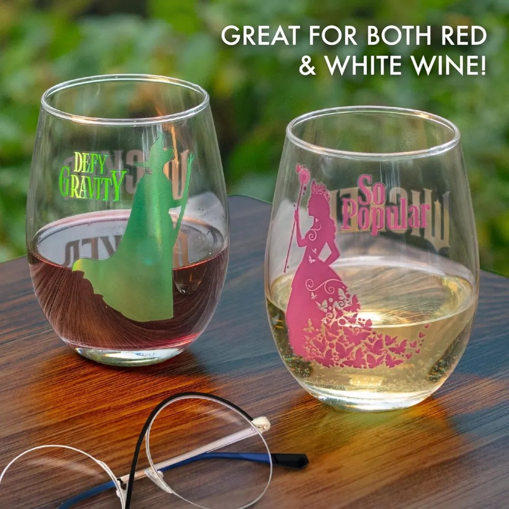 SCS Direct Wicked For Good Stemless Wine Glasses Set of 4, 18oz - Officially Licensed Movie Merchandise- Glinda Popular & Elphaba Defy Gravity Designs - Broadway Theater Gift For Adults, Women, Men