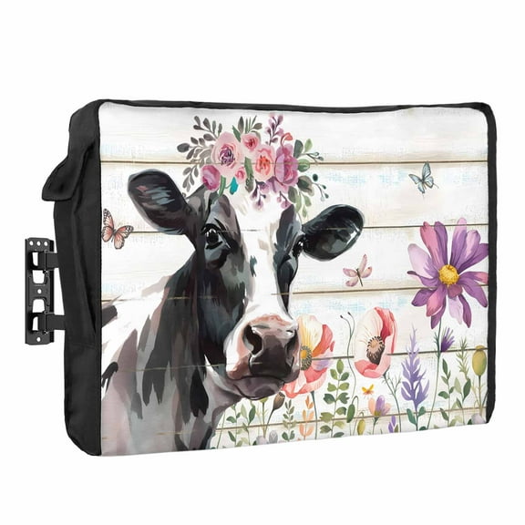 Outdoor TV Cover 40 to 43 Inches, Farmhouse Cow Farm Animal Rustic Pink Purple Floral Wooden Waterproof TV Cover with Remote Control Pocket, Flat Screen TV Cover Protector for Outside TV