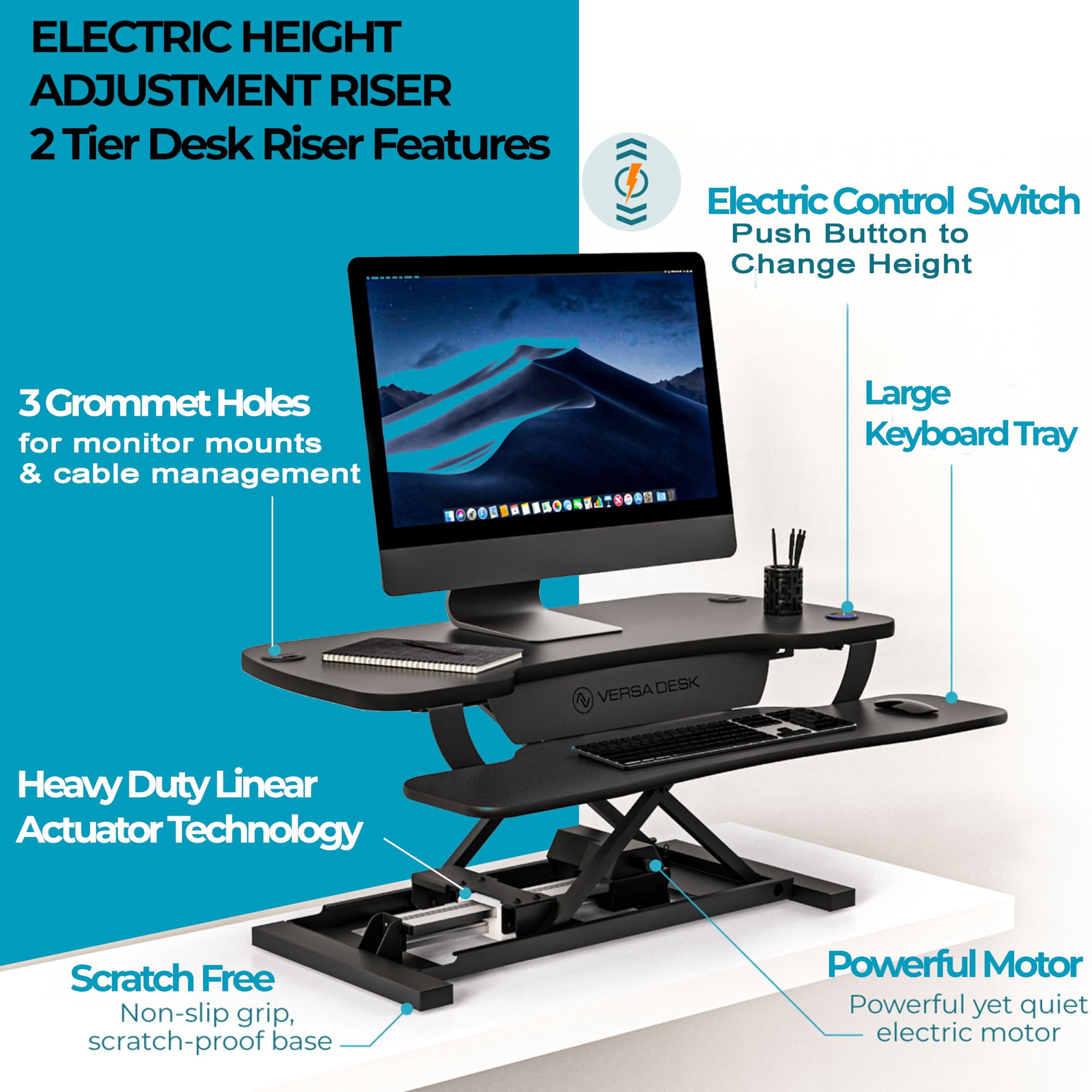 VersaDesk® 48"x24" Extra Wide Electric Height Adjustable Standing Desk Converter for Multi Monitor & Laptop Workstations, Black, w/ USB Charging Port