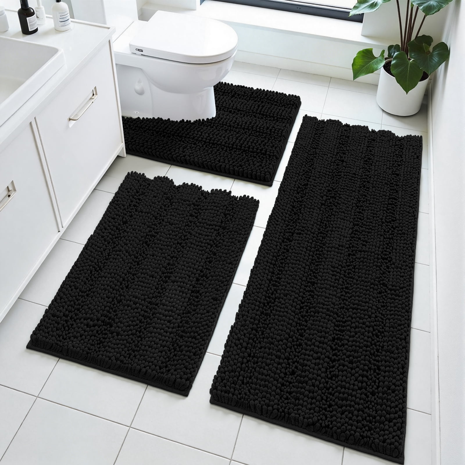 Ileading Ultra Soft Bathroom Rug Set 3 Pieces, Non Slip Thick Chenille Striped Bath Mat, Absorbent Plush Shaggy Bath Rugs for Bathroom, Black