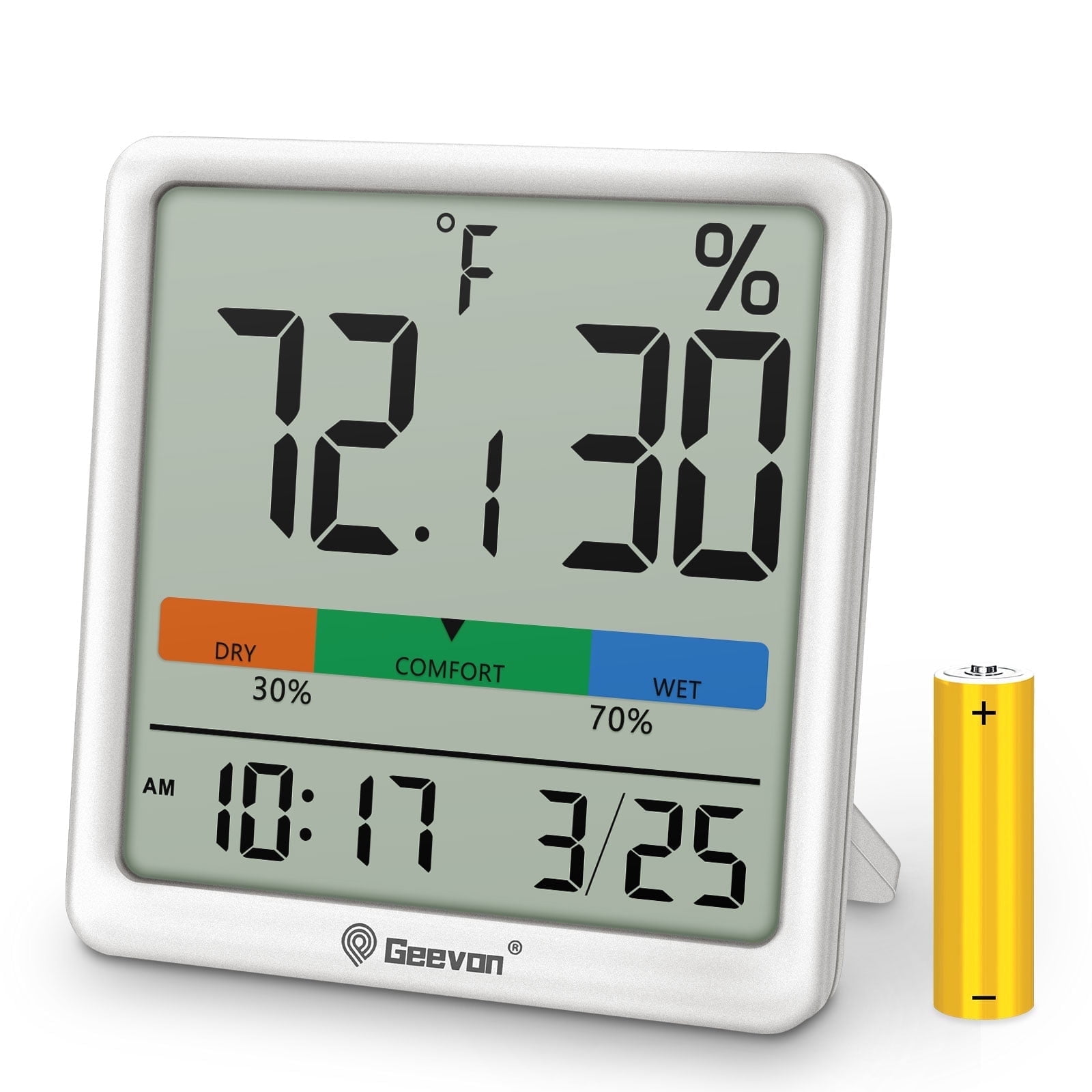 Geevon Digital Indoor Thermometer Hygrometer, Wireless Temperature Humidity Meter with Comfort Index, 1*AAA Battery, Calendar, Small Room Temperature Monitor for Home, Greenhouse, Bedroom(White)