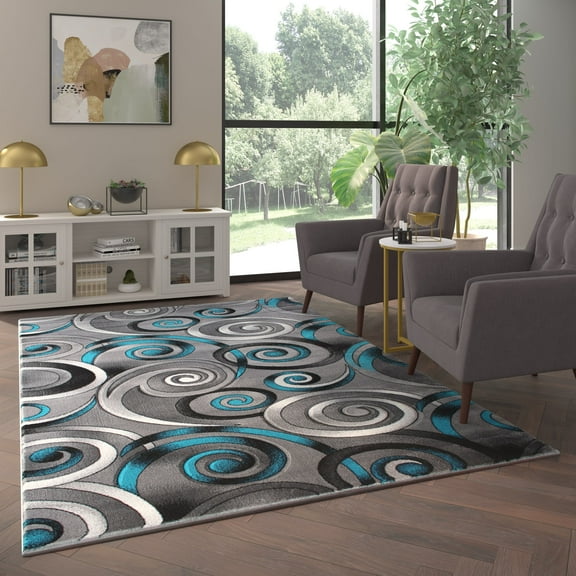 Emma Oliver 6x9 Contemporary Olefin Accent Rug with Modern Swirl Design in Turquoise, Gray and Black and Natural Jute Backing