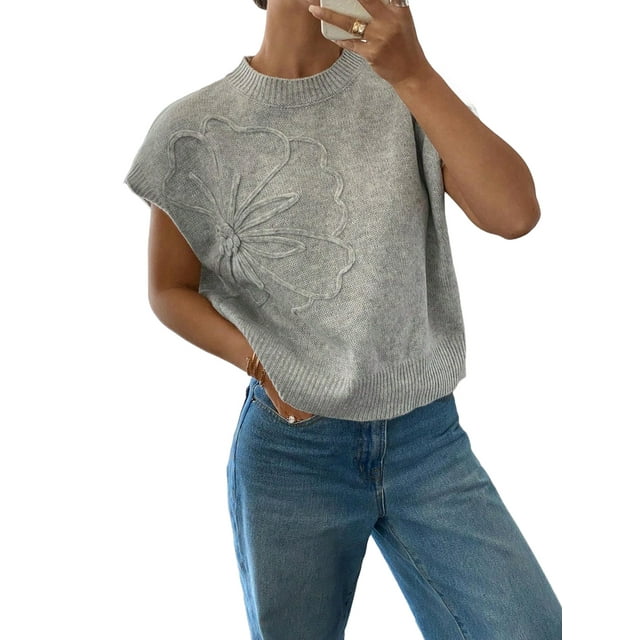 Women'S Ribbed Sweater Crew Neck Short Sleeve Loose Fit Floral Knit Pullover Tops Silver S