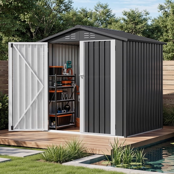 Uforic 6'x4' Steel Outdoor Storage Shed, Lockable Doors & Sloped Roof, Small Tool Storage Building for Garden, Patio, Garage, Backyard and Lawn, Dark Gray