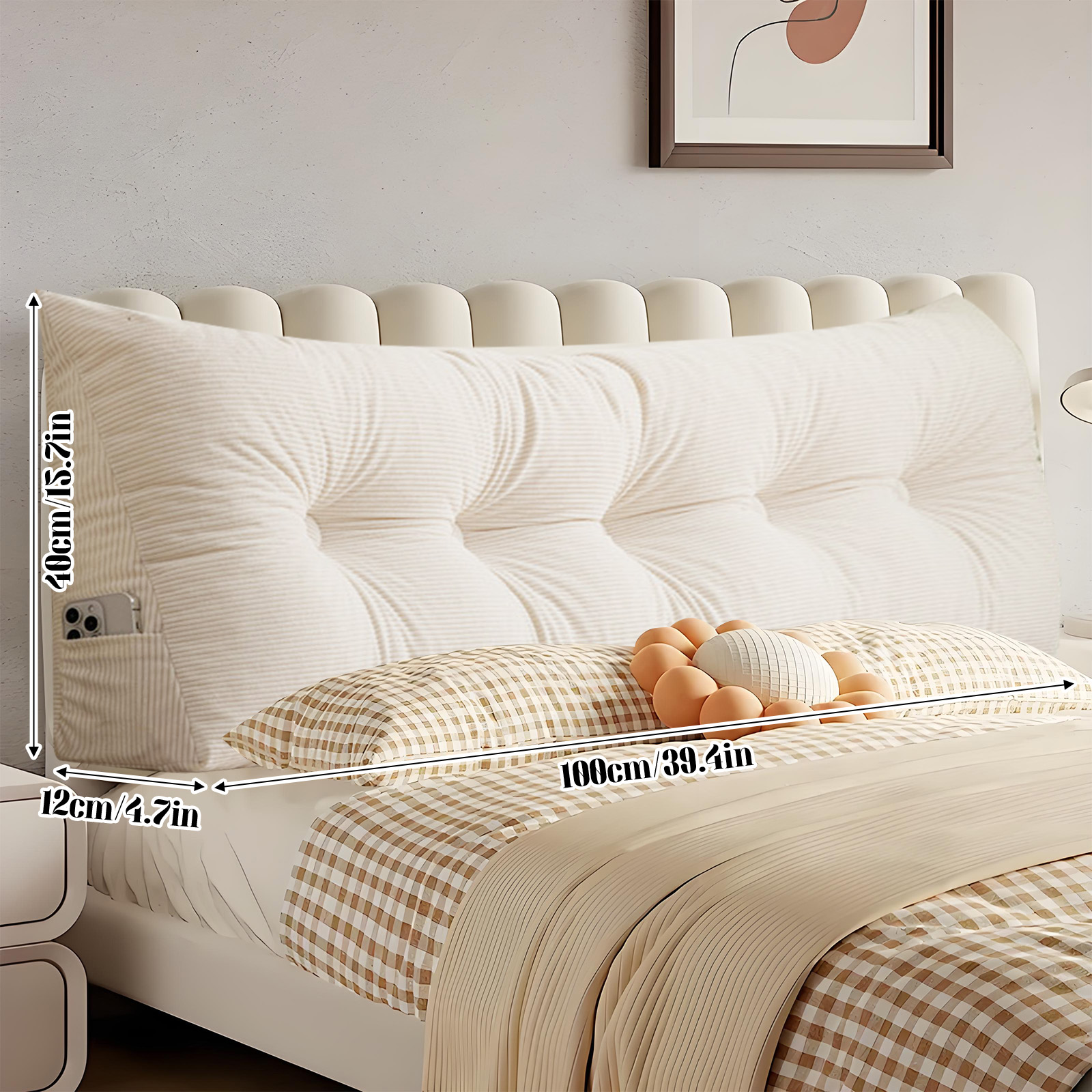 VEGCOO Triangular Headboard Pillow Twin XL for College Dorm - 39 *4.7 * 15.7 in Bed Wedge Backrest Cushion - Removable Washable Cover Bolster Pillow for Daybed & Reading - Cream White