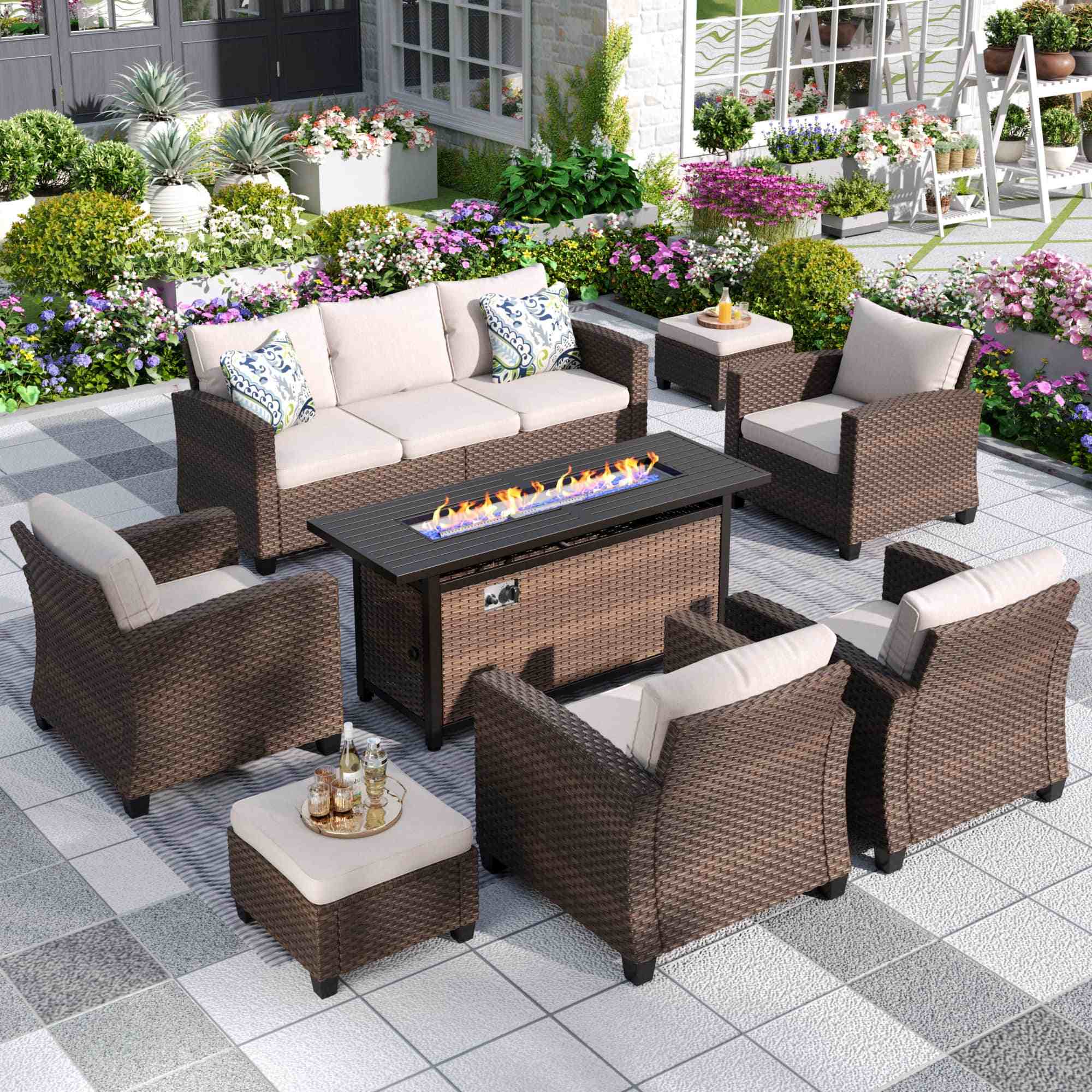 MF Studio 9-Seater Outdoor Patio Furniture Set with Fire Pit Wicker Patio Conversation Set Beige