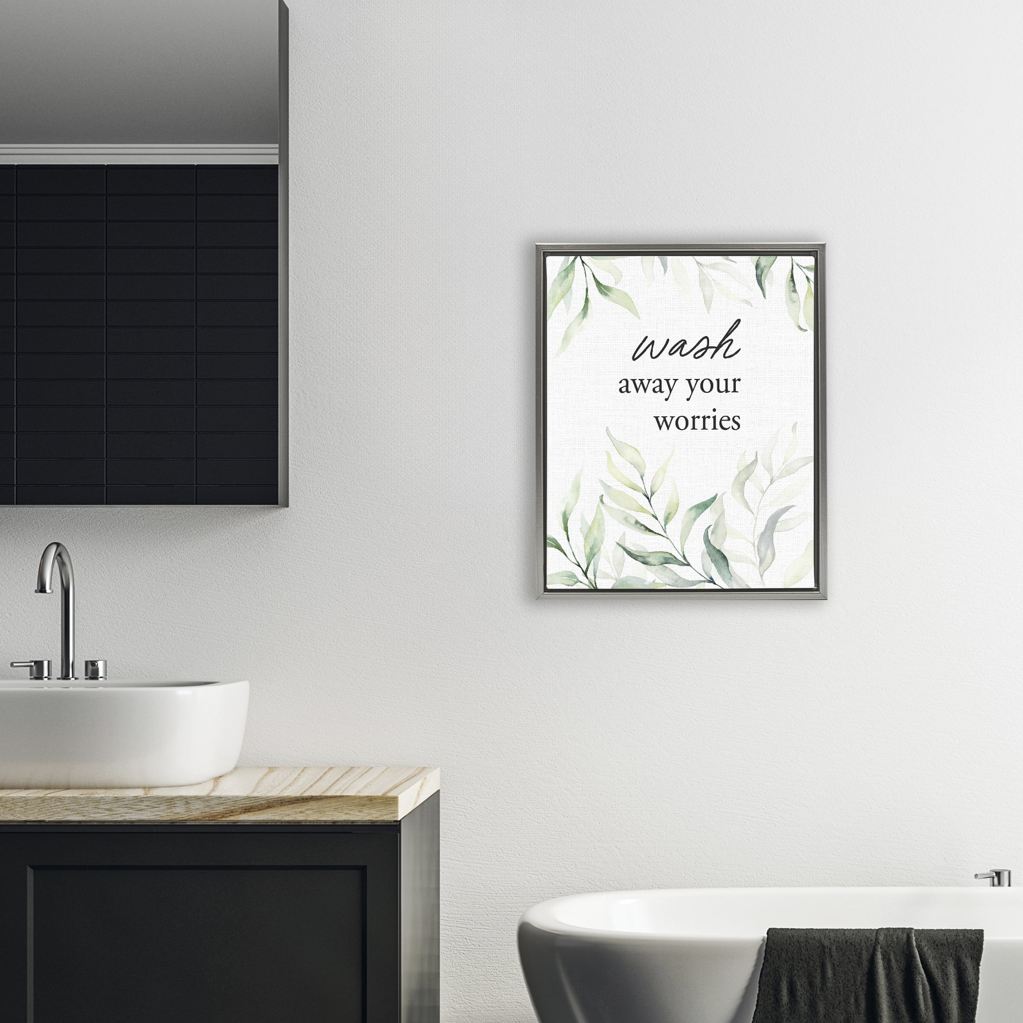 Wash Away Worries Greenery Gray Framed Floater Canvas Wall Art, design by Lettered and Lined