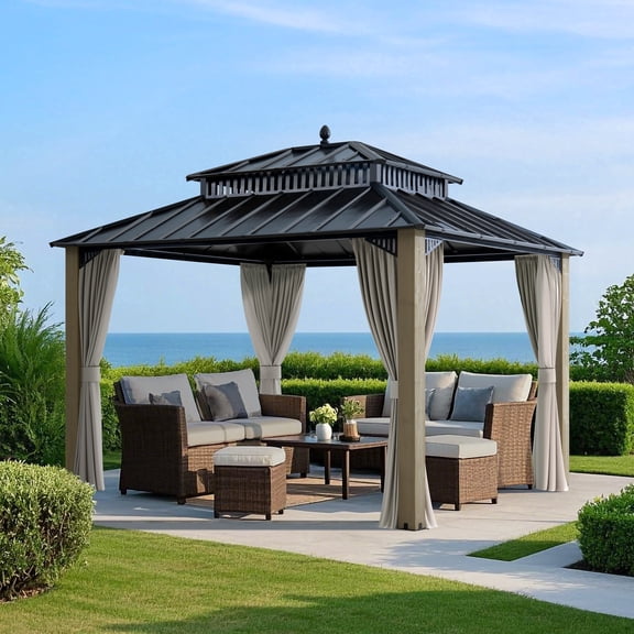 SUNJOY Kingston 12x10 Gazebo, Steel Hardtop Gazebo with Curtain and Netting - Cedar Posts