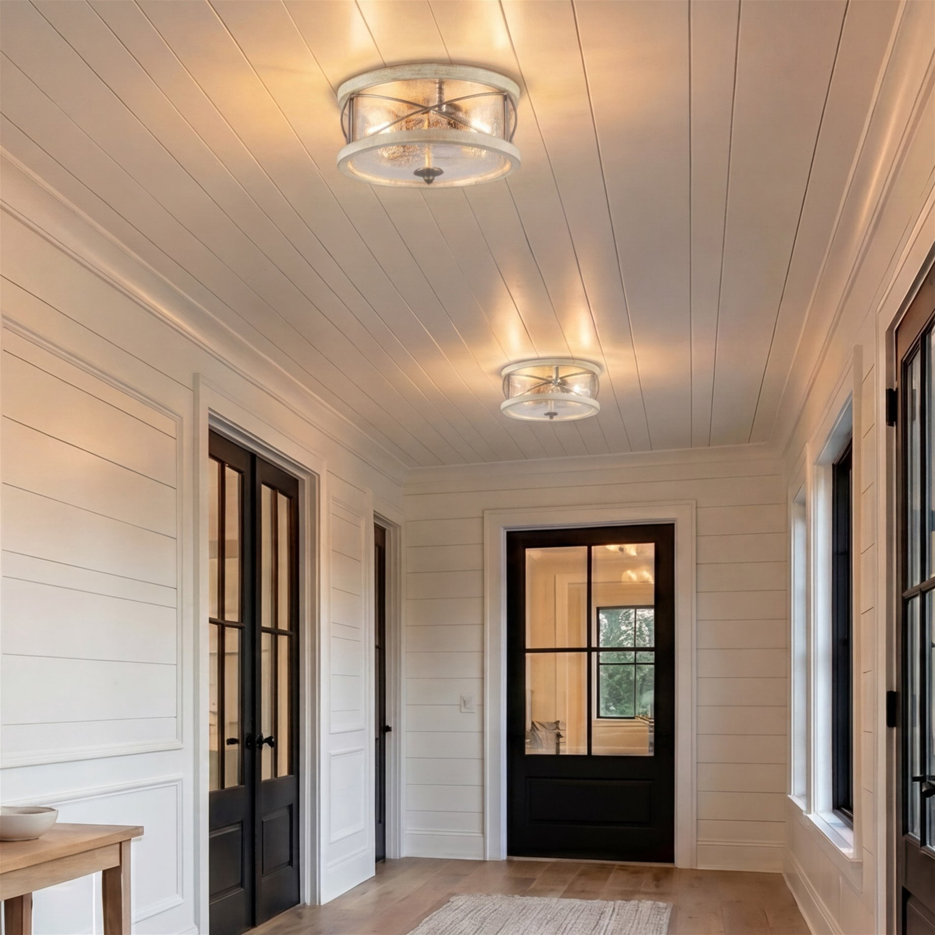 Kira Home Blaylock 13" Farmhouse Flush Mount Ceiling Light, Hammered Glass Shade, Wood Grain Metal, White Ash Wood