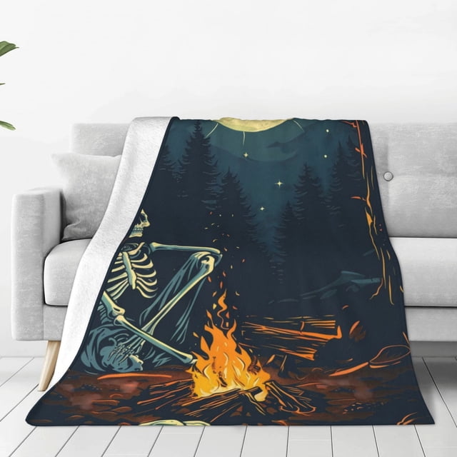 Fotbe Moonlit Skeleton Campfire Manta de Franela Acolchonada con Estampado, Súper Suave y Esponjosa, Extra Grande para Sofá, Cama, Uso Todo el Año-80"x60"