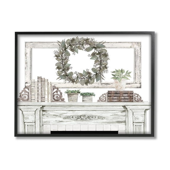 Stupell Industries Festive Wreath Cozy Fireplace Mantel Rustic Design Graphic Art Black Framed Art Print Wall Art, Design by Cindy Jacobs
