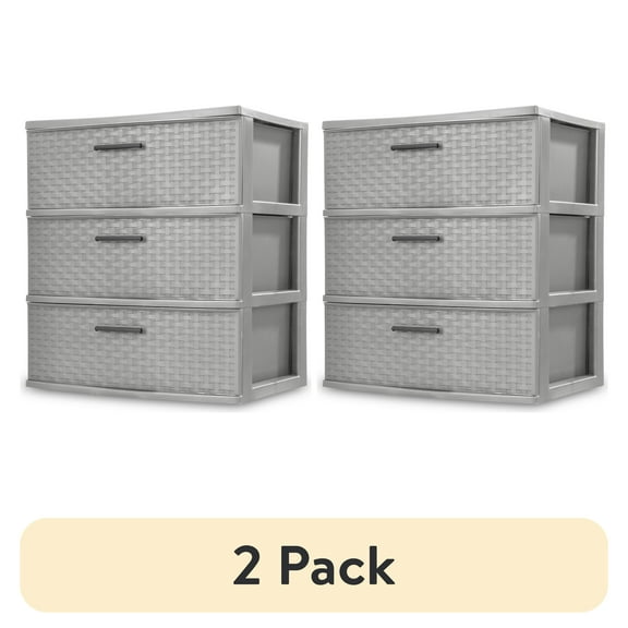 (2 pack) Sterilite 3 Drawer Wide Weave Tower, Plastic Dcor Drawers with Pull Handles, Gray