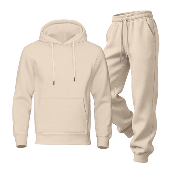 Delconic Mens Fleece Lined Hoodie and Sweatpants Set Loose Fit Pullover Hooded Sweatshirt Jogger Pants Two Piece Tracksuit Beige L