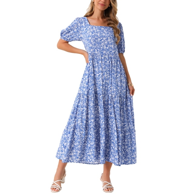 Vestido largo bohemio de verano con flores y mangas cortas, cuello cuadrado, con bolsillos, S azul