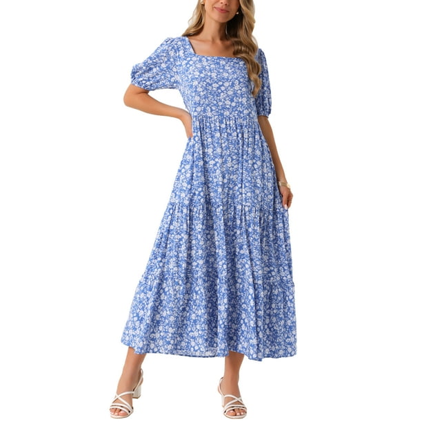 Vestido largo bohemio de verano con flores y mangas cortas, cuello cuadrado, con bolsillos, S azul