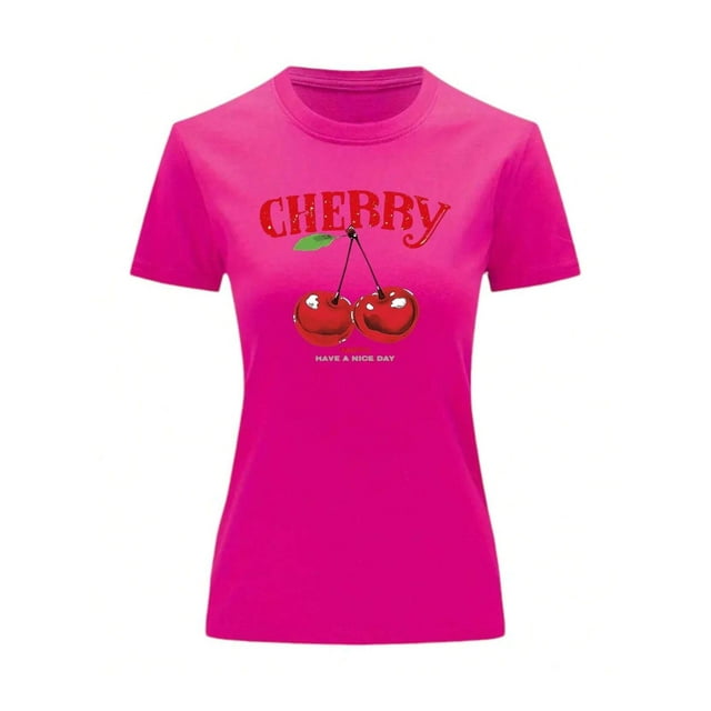 Playera Blusa De Cerezas Cherry Happy Have A Nice Day Casual Ropa Para Mujer Ropa De Dama Color Fucsia Talla Grande Marca Emil SaEs