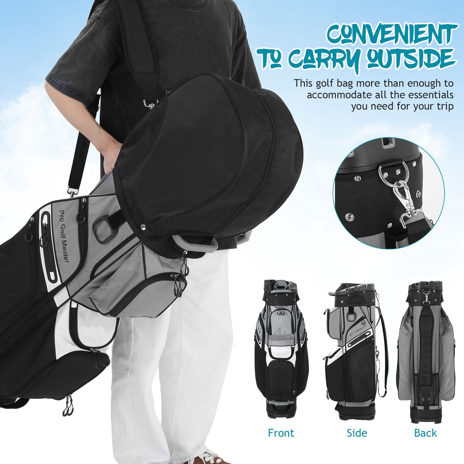 LIOOBO Golf Cart Bag with 14 Way Organizer Waterproof Black Nylon for Organized Club Storage