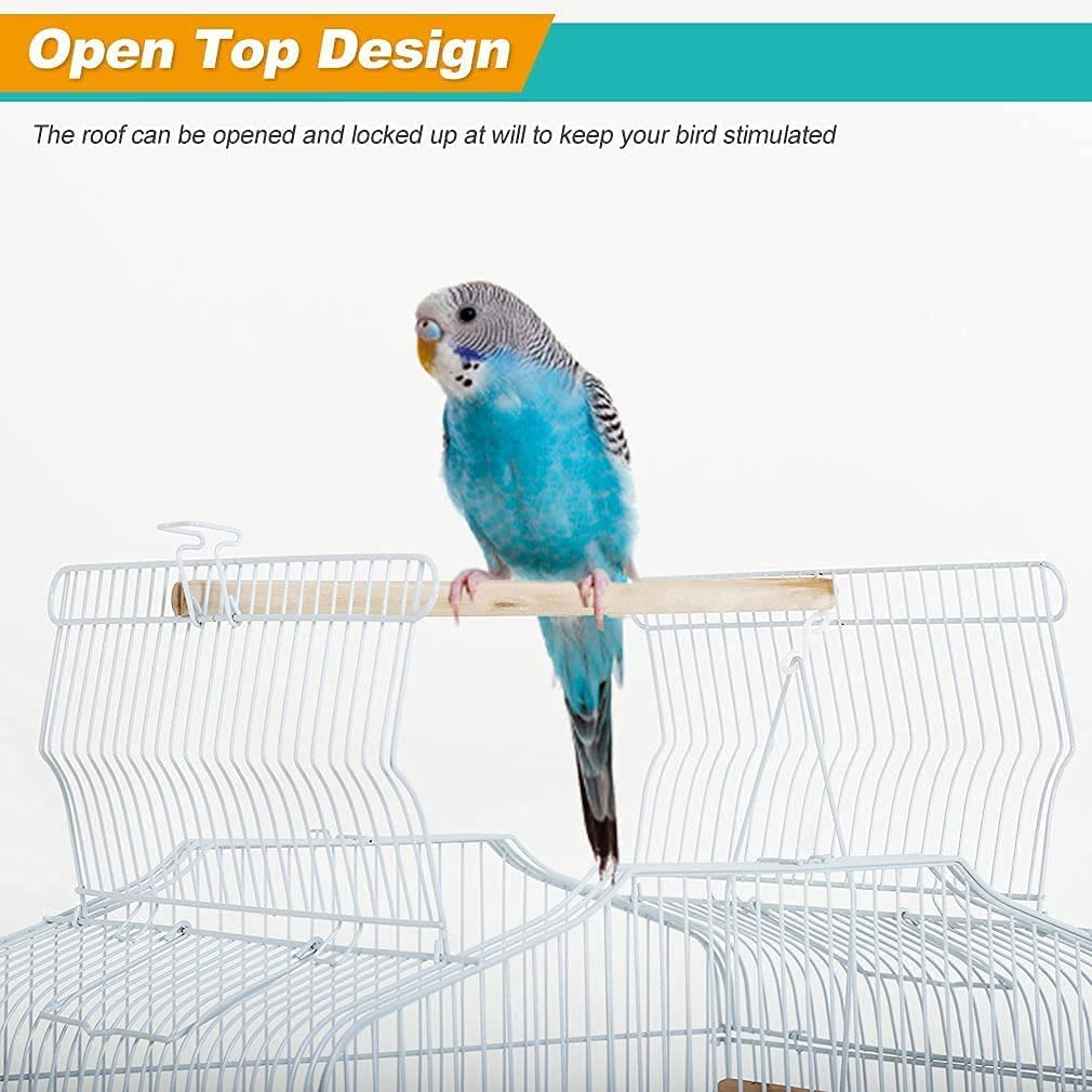 NiamVelo 64-inch Metal Bird Cage with Rolling Stand & Bottom Tray, Pet Storage Shelf Parrot Cage with Open Play Top for Lovebirds & Parakeets, White