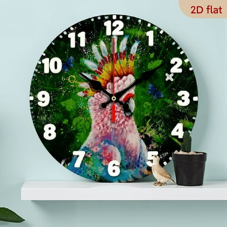 10-inch 2D flat Tribal Parrot theme wooden circular silent wall clock, suitable for modern home art decoration, wall decoration, it is an ideal holiday gift and birthday gift