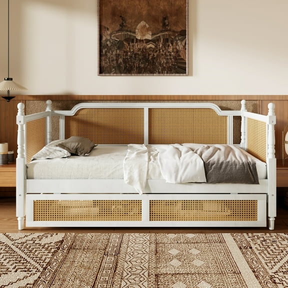 Traditional Rattan Twin Size Daybed with 2 Drawers - No Box Spring Needed for Guest Room & Limited Space,Antique White