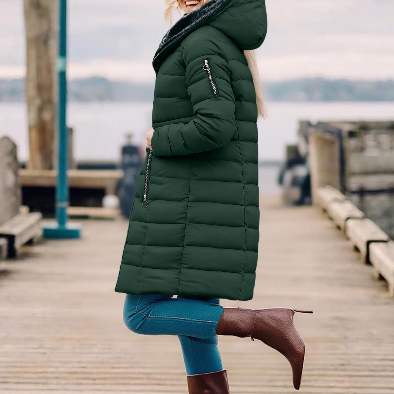 VINUSLI Long Coat Women Puffer Full Zip Quilted Hoodie Jackets Fleece Lined Plus Size Warm Parka Coat​ Army Green,L