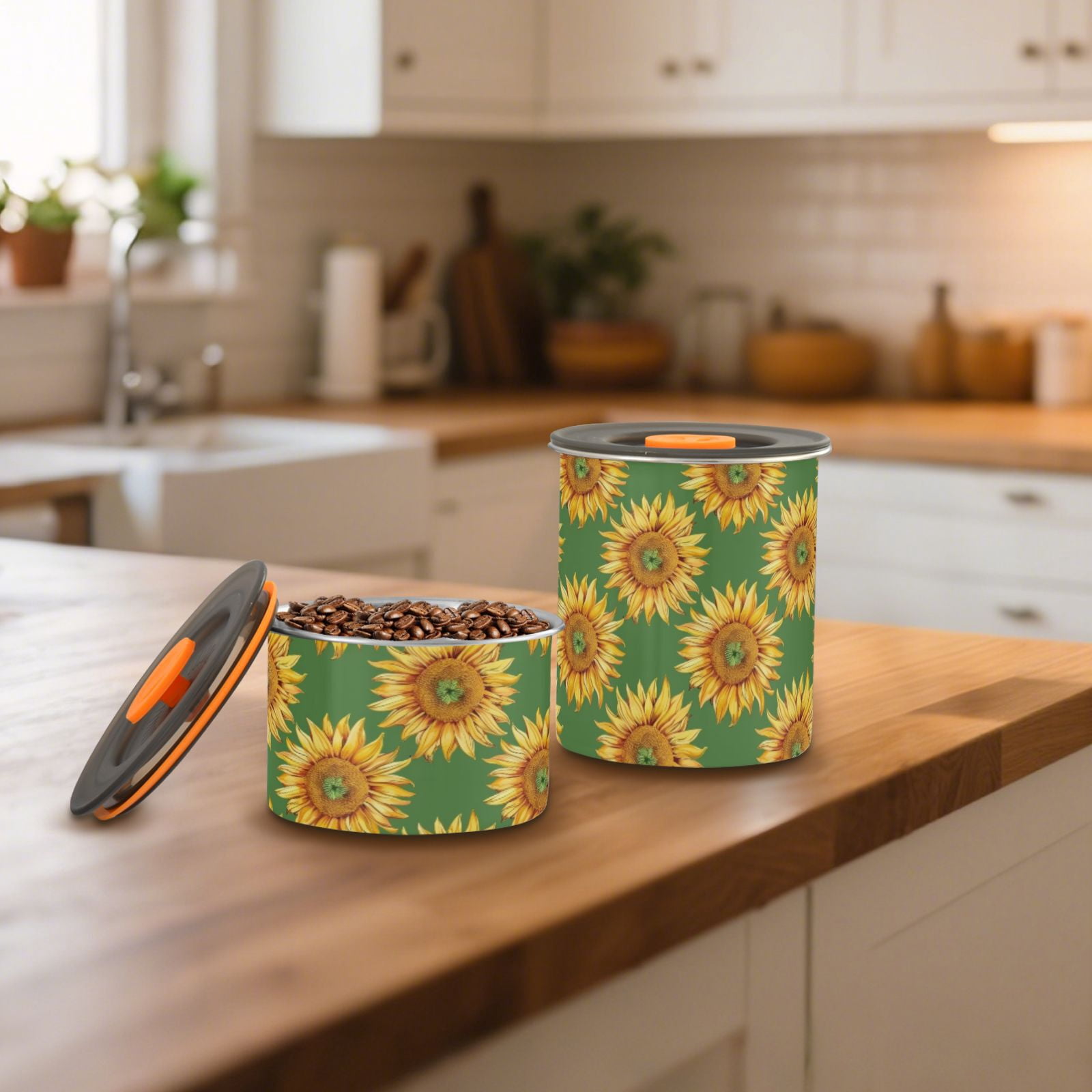 Sunflower Floral Airtight Coffee Bean Canister 30oz Food Storage Containers with Lids For Gournd, Tea, Sugar, Flour, Rice, Cereal, Candy Cookie Jar