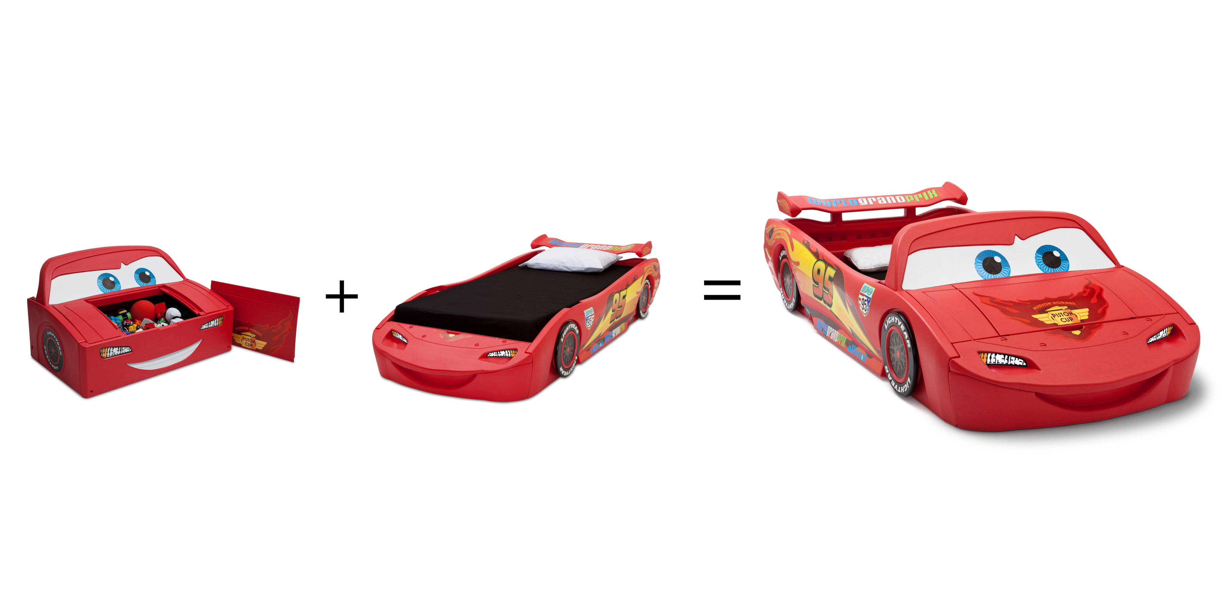 Twin Size Metal Car Bed with Four Wheels, Race Car Bed with Storage Shelf,  Lightning McQueen Bed, Twin Bed for Kids Boys & Girls, No Box Spring Needed