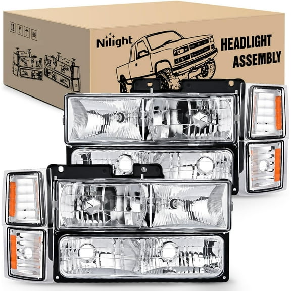 Nilight Headlight Assembly Compatible with 1994 1995 1996 1997 1998 Chevy Silverado Tahoe Suburban C10 C/K 1500 2500 3500 Replacement Headlamp Chrome Housing Amber Reflector Bumper Corner Lamp