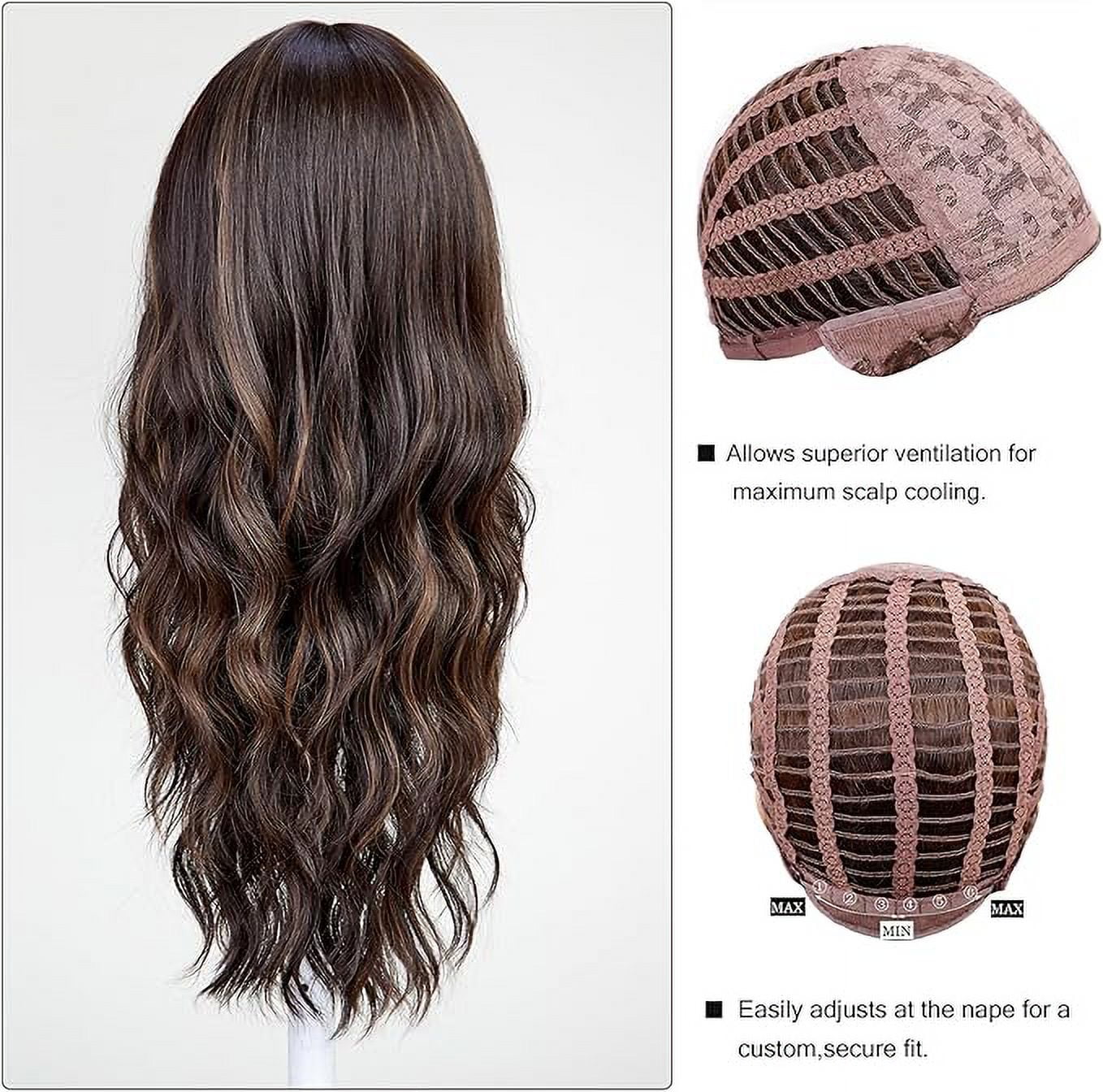 Long Curly Brown Highlight Wigs With Bangs Wig for Women Synthetic Hair Wig for Party Cosplay Daily Use -26 inches