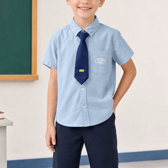 LEKWK Uniform Shirts for Boys Button Down Short Sleeve Collared Oxford Shirt School Dress Tops with Tie Back to School Party Casual Wear Size 2-13 Years