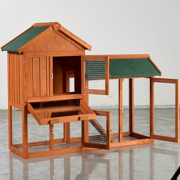 Zephypaws Large Outdoor Rabbit Hutch,Weatherproof 2-Story Chicken Coop & Bunny Cage,Wooden Indoor/Outdoor Pet House with No-Leak Tray,Waterproof Roof & Pull-Out Tray (58" L x 34" H, Brown)