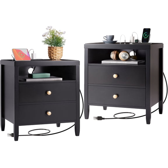 Amadwell Nightstand with Charging Station, Bedside End Table with 2 Drawers & Storage for Bedroom, Black