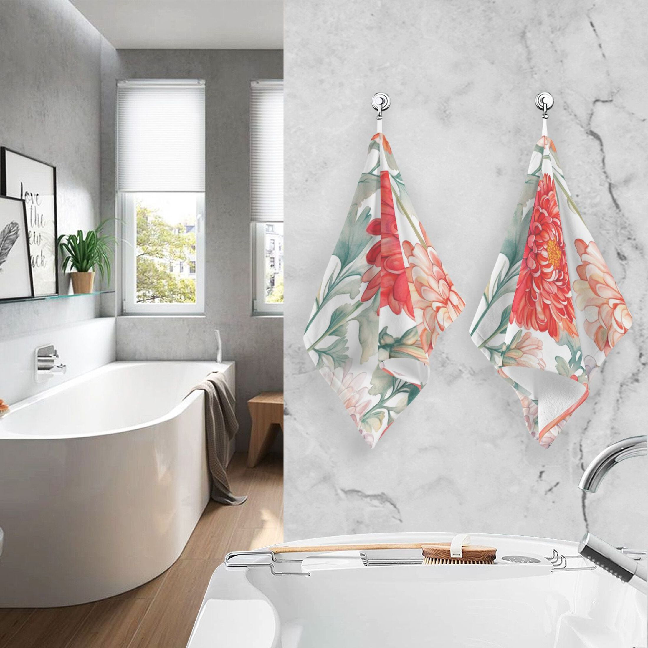 Cotton Towel Two-Piece 16x28 Inch One Sizex2 Face Towel Set Towel Set Cotton Hand Bath Towel Bathroom Beach Chrysanthemums Red