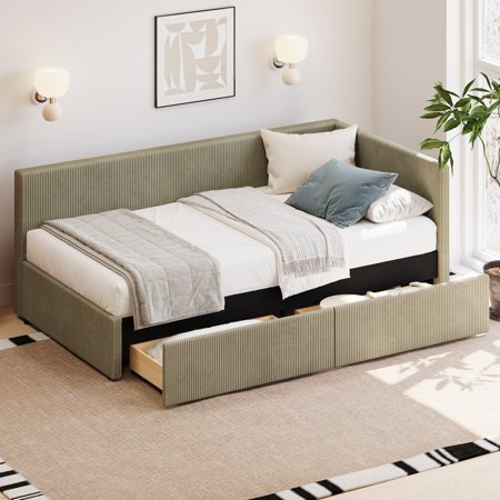 Soges Twin Size Corduroy DayBed with 2 Large Storage Drawer, L-Shaped Toddler Daybed Corner Sofa Bed Frame, Corduroy Upholstered DayBed with Vertical Striped Backrest for Kids Teens Adults, Green