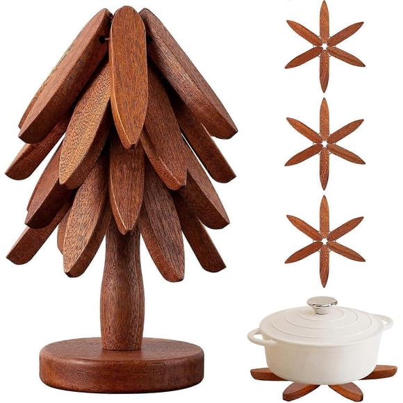 Wooden Coasters for Hot Dishes, Wood Shaped Coaster Set, Hot Dishes Coasters with Wood Shaped Foldable Heat Pad