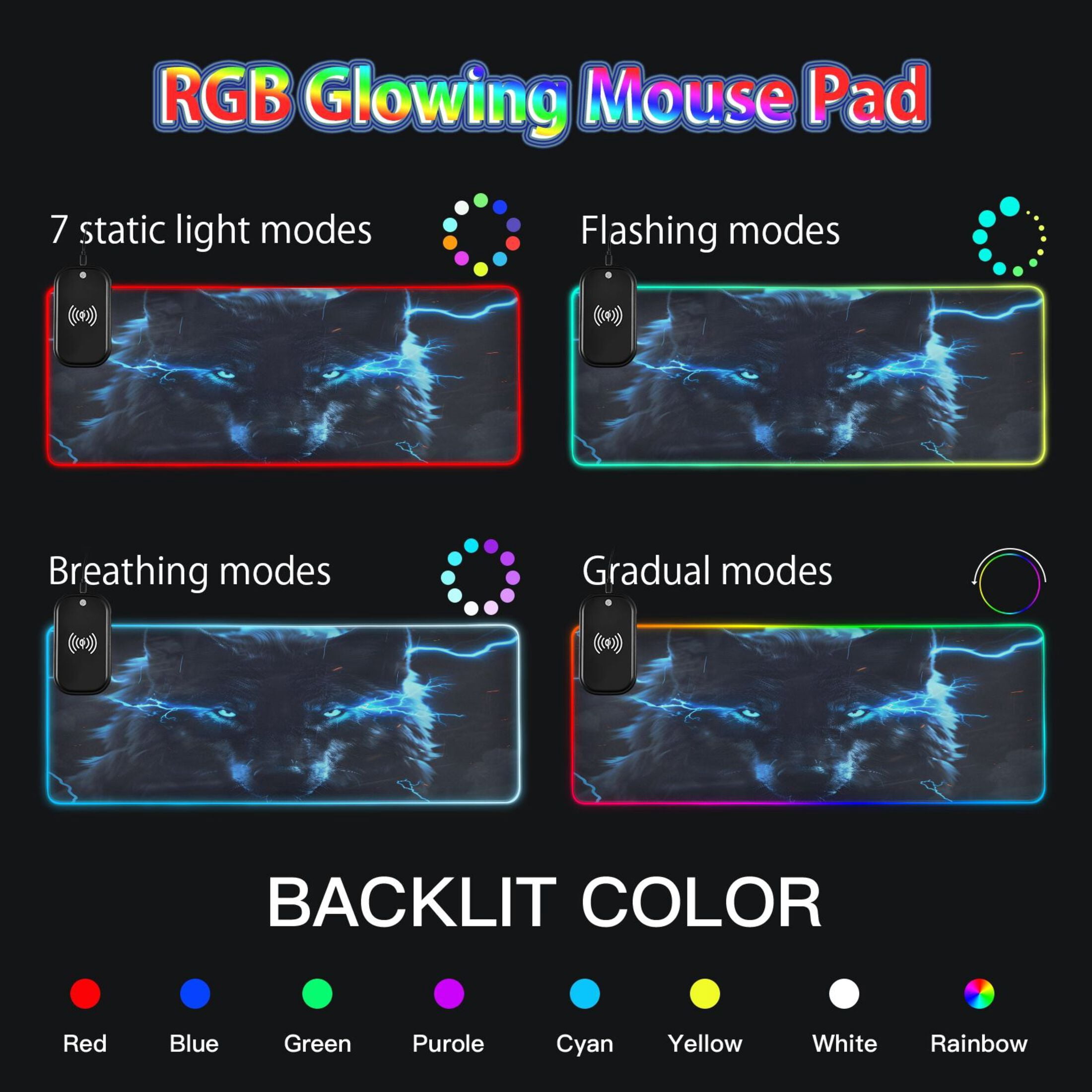 Wireless Charging Mouse Pad Large RGB Gaming Desk Mat 13 Light Modes Mousepad 35.4x15.7 Glowing Wolf