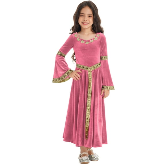 Alvivi Kids Girls Renaissance Vintage Dress Gothic Medieval Costume Maxi Dresses Cosplay Halloween Costume Pink 6