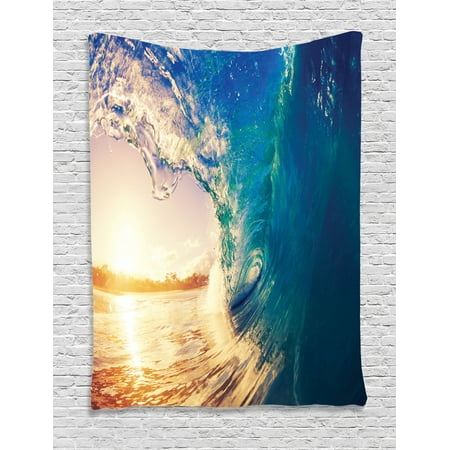 Ocean Tapestry, Ocean Wave at Sunrise Reflection on Surface Tropical Trees Shoreline Summer Picture, Wall Hanging for Bedroom Living Room Dorm Decor, Teal Yellow, by Ambesonne