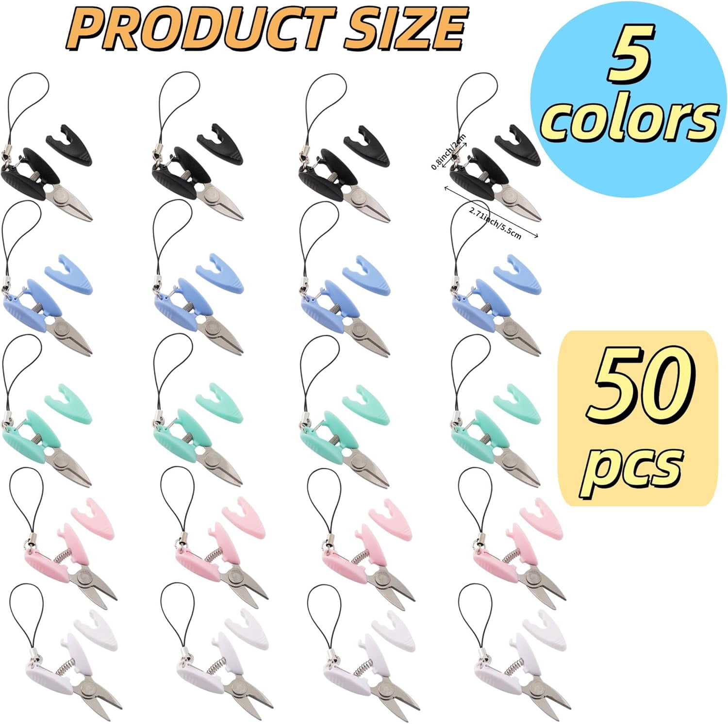 50 Pcs Tiny Scissors with Cover, 5 Colors Travel Scissors Mini Compact Keychain Sewing Snips for Craft Yarn Yarning Traveling Supplies (White, Black, Blue, Green, Pink)