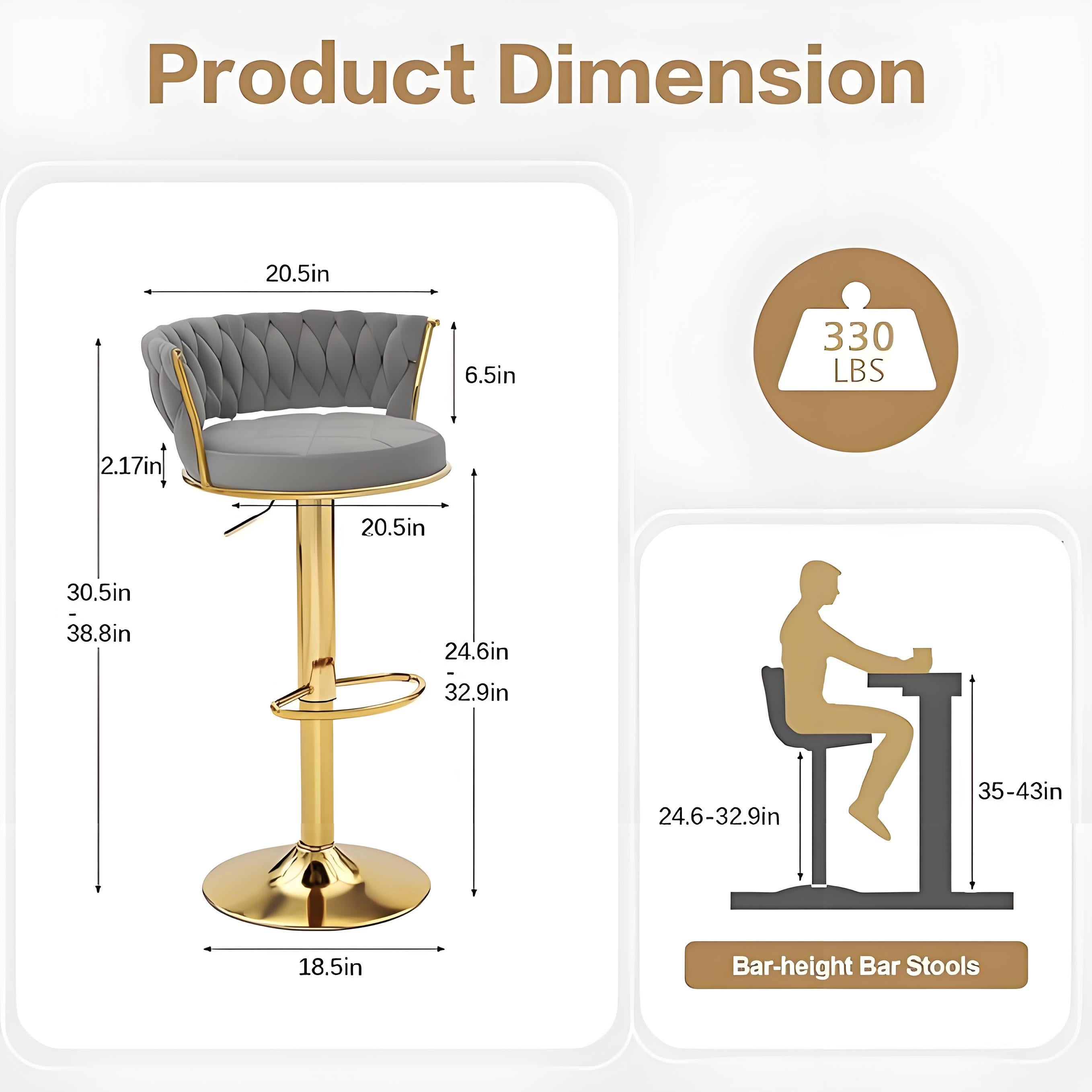 Howcool Velvet Swivel Bar Stools Set of 2 with Back and Arms, Adjustable Counter Height Kitchen Island Chairs with Gold Metal Legs & Base for Home Bar Dining Room