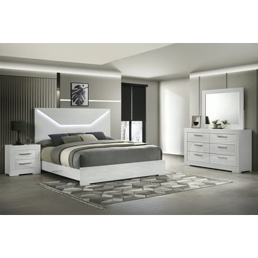 Blanca Modern Style LED Queen 4PC Bedroom Set Made With Wood in White