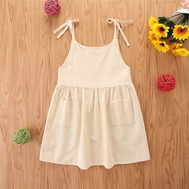 EGNMCR Robe Sans Manches à Col Rond Tout-Petit Enfant Bébé Filles Robe d'Été à Bretelles Mignonne Couleur Unie Robe Décontractée Robe Fille