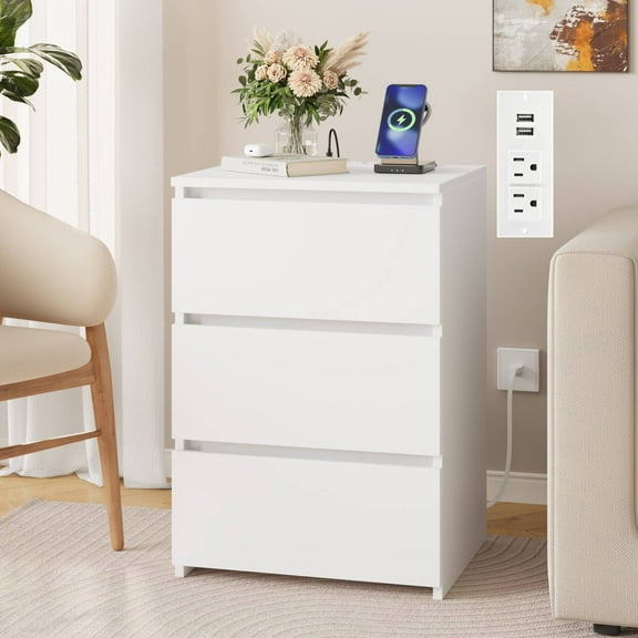 Homfa 3 Drawers Nightstand with Charging Station, Side Table with Storage for Living Room, White Bedside Nightstand for Bedroom