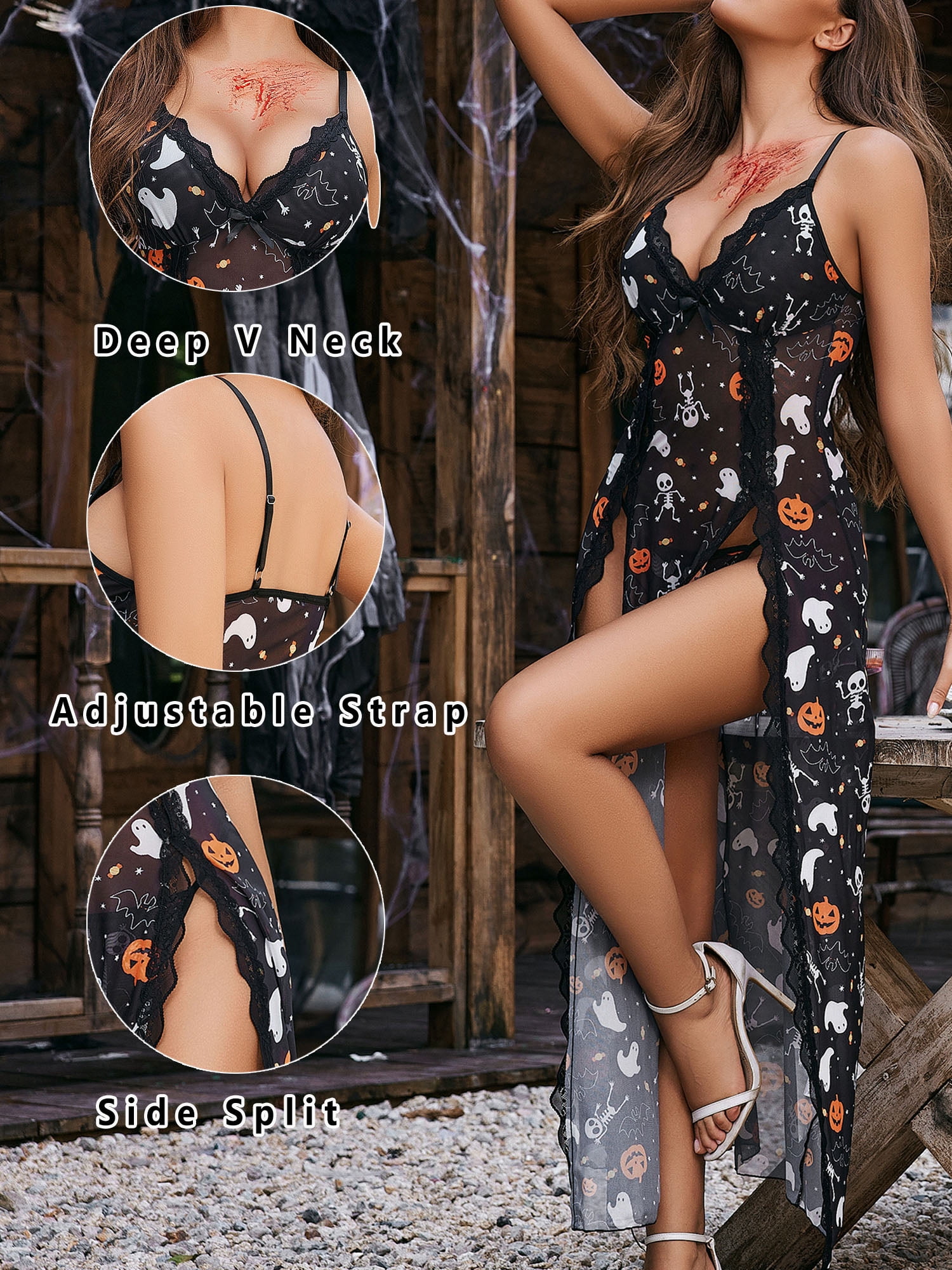 Sexyfree Lingerie for Women Halloween Print Side Split Chemise Sexy Nightdress Deep V Neck Nightwear Long Nightgown