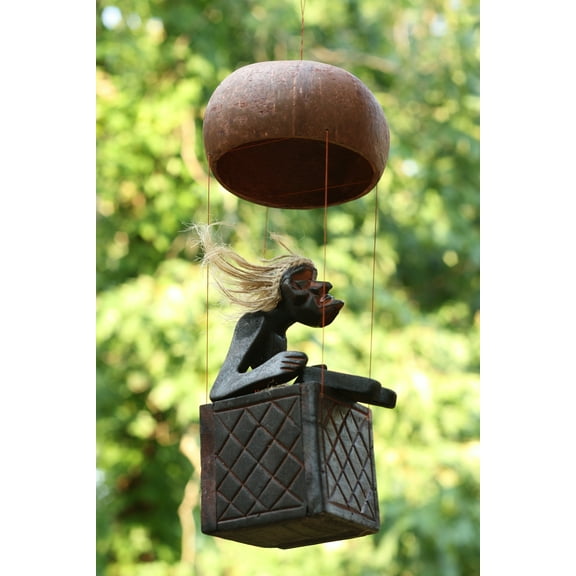 Handmade Wooden Primitive Tribal Funny Statue Riding Hot Air Balloon Sculpture Tiki Bar Handcrafted Unique Gift Decor Accent Figurine Hand Carved