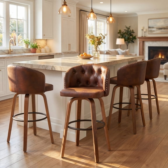 Fahomiss 26" Swivel Counter Height Bar Stools Set of 4, Brown Leather Farmhouse Kitchen Stools