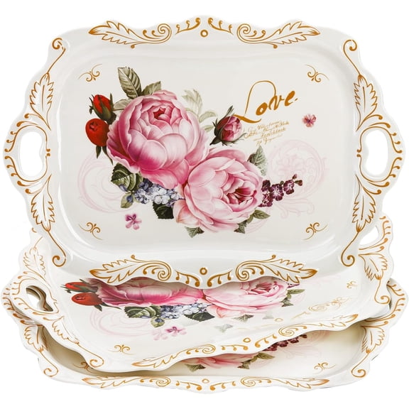 3-Pack Melamine Serving Tray, Stackable Tray with Handles for Eating, Unbreakable Large Serving Platter with Floral Print for , Party, Decor, , Restaurant, 16"L x 11"W, Rectangle