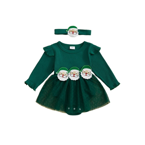 Miaouyo Infant Baby Girl Christmas Fall Ribbed Romper Dress 0 3 6 9 12 18 Months Santa Claus Round Neck Mesh Bubble Jumpsuit with Headband