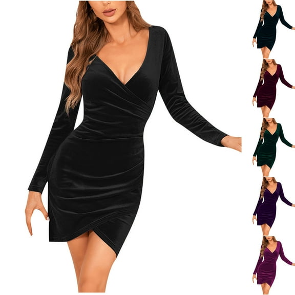 Lovskoo Women Long Sleeve Velvet Dress Deep V Neck Slim Short Ruched Bodycon Cocktail Wrap Elegant Party Club Mini Dresses Purple